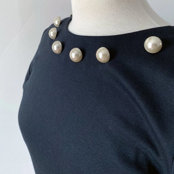 90s Does 50s Midnight Blue Dress with Pearl Buttons Size S - Picture 5 of 7